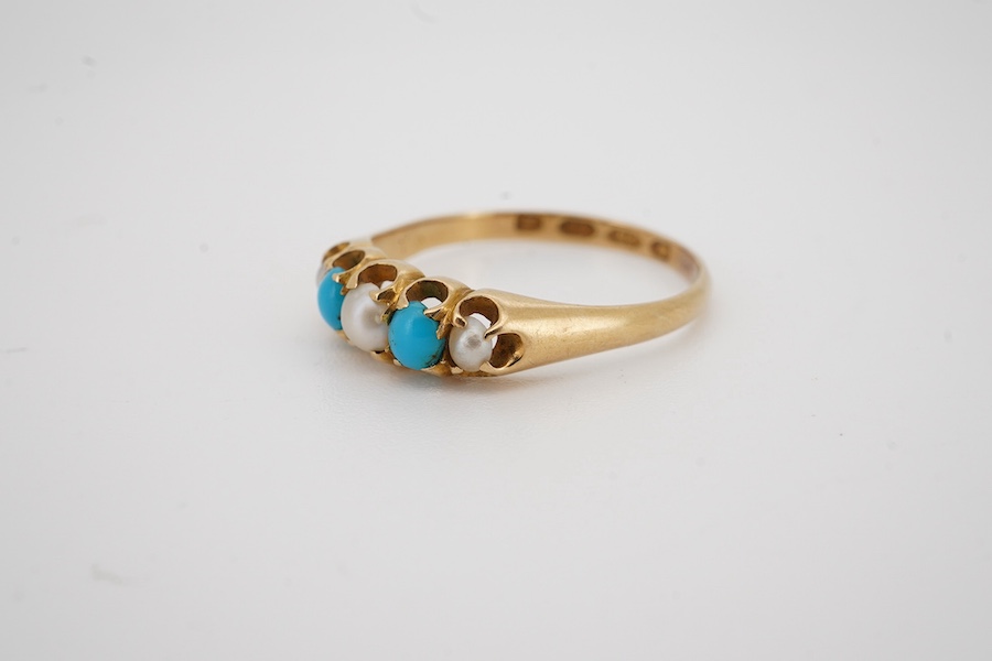 A Victorian 18ct gold, three stone split pearl and two stone turquoise set half hoop ring, size O/P, gross weight 2.5 grams.